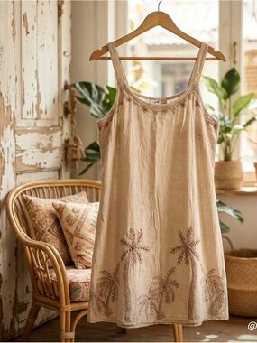 Embroidered Beige Cotton-Blend Midi Slip Dress